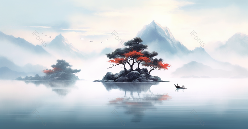 中国风质感山水画油画风景艺术背景插画深色树叶红色树叶,插画/手绘图,插画/手绘图库,插画/手绘图下载,插画/手绘